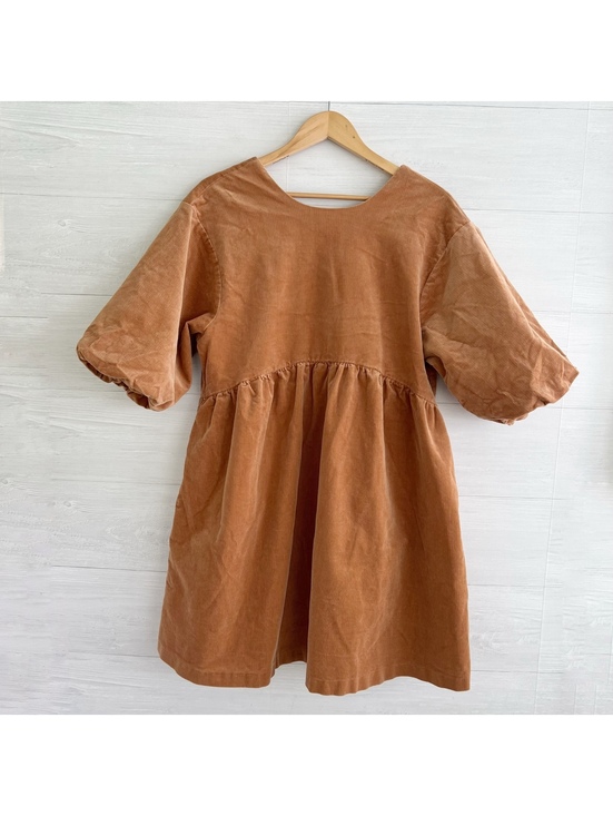 Everlane Dresses & Skirts - Everlane Camel Corduroy Mini Dress Puff Sleeve Scoop Back Pockets Women’s L